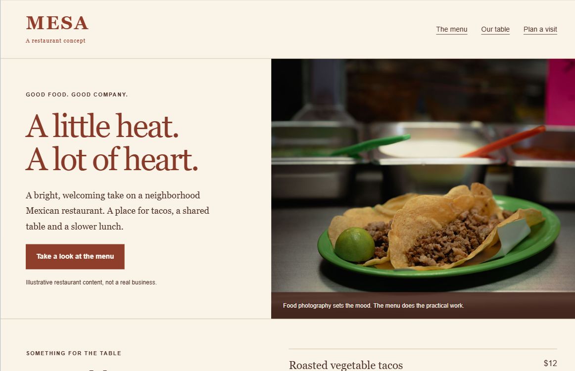 Preview of a warm cream and terracotta restaurant website with food photography and a clear menu link